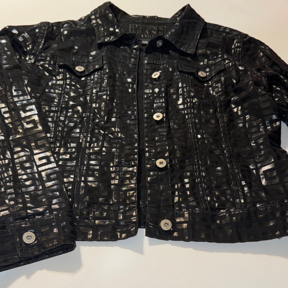 Vintage Guess Women's Glossy Black Textured Jean Jacket